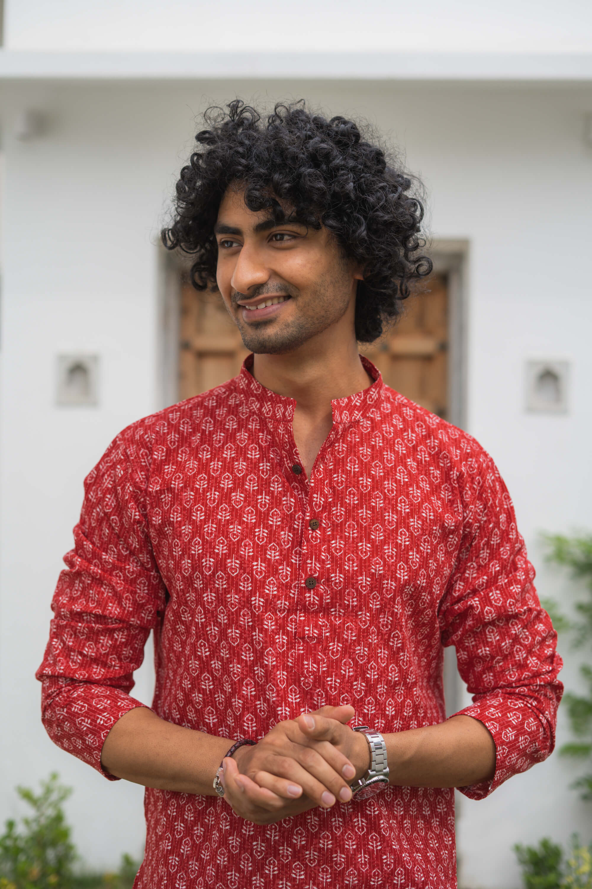 The Red Kantha Work Long Kurta With White Butti Print