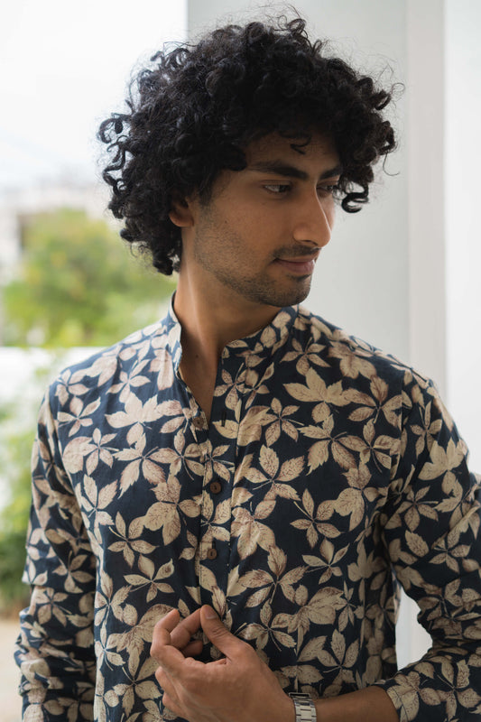 The Dark Blue Long Kurta With All-Over Floral Foil Print