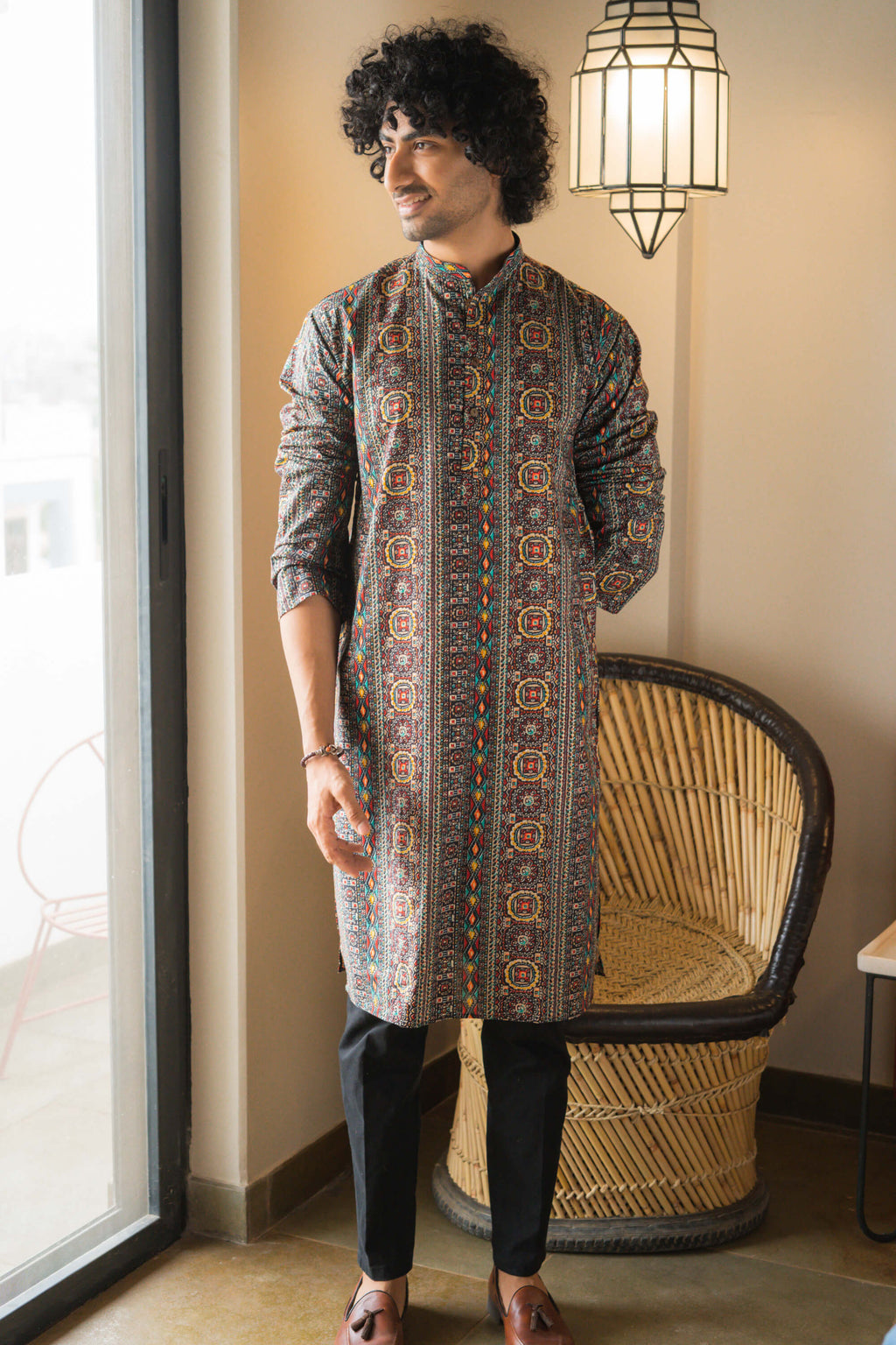 The Black Muslin Multicolor Foil Print Long Kurta