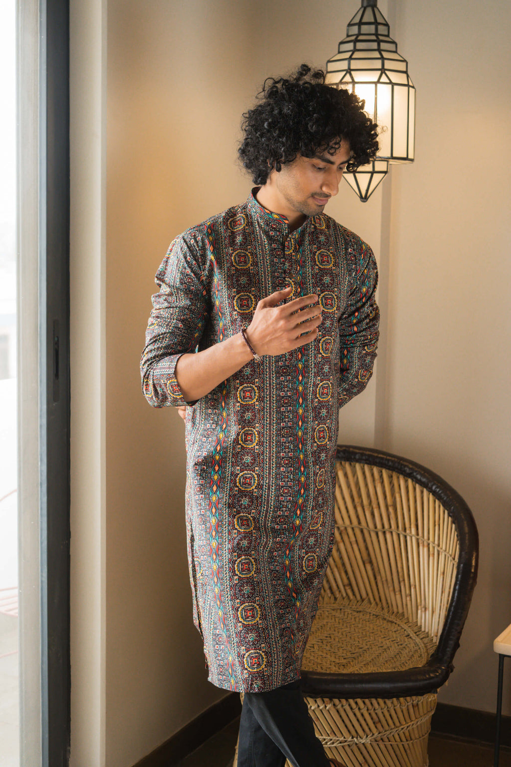 The Black Muslin Multicolor Foil Print Long Kurta