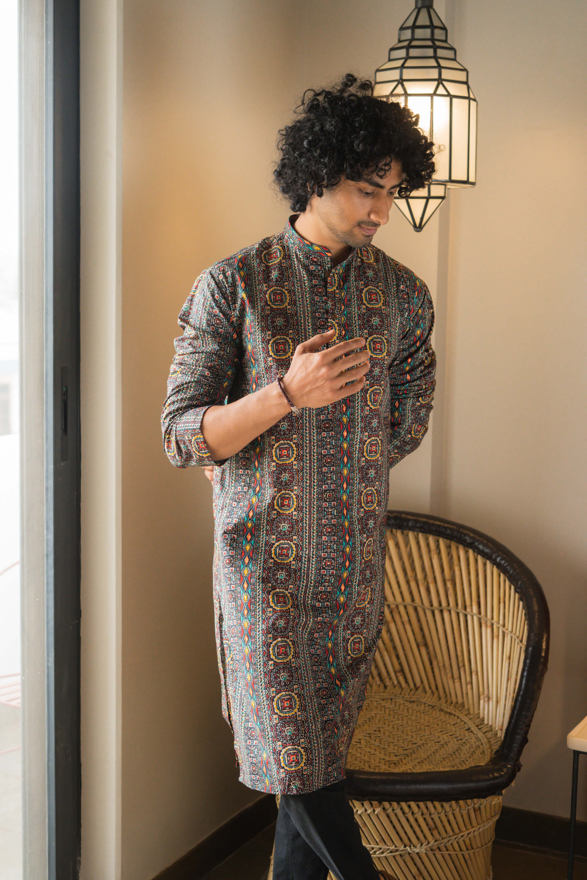 The Black Muslin Multicolor Foil Print Long Kurta