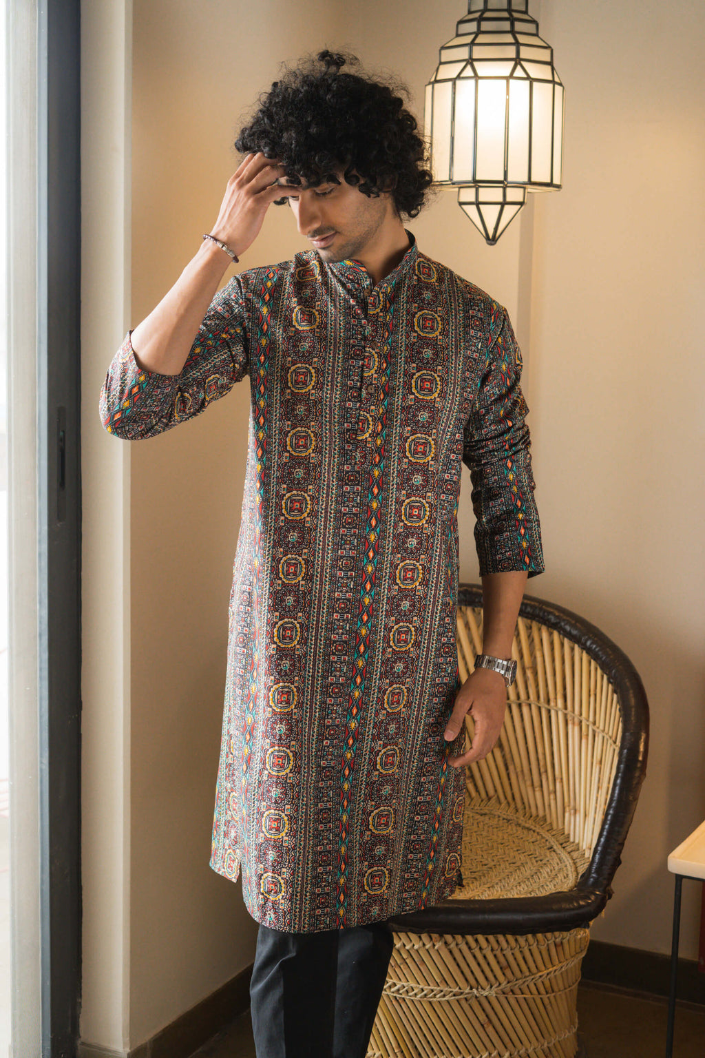 The Black Muslin Multicolor Foil Print Long Kurta