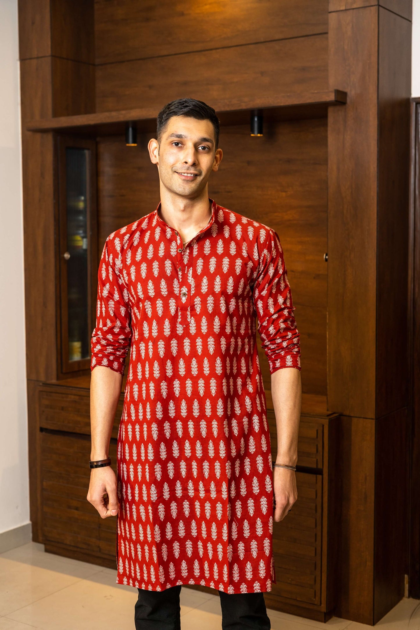 The Red Color White Floral Print Long Kurta