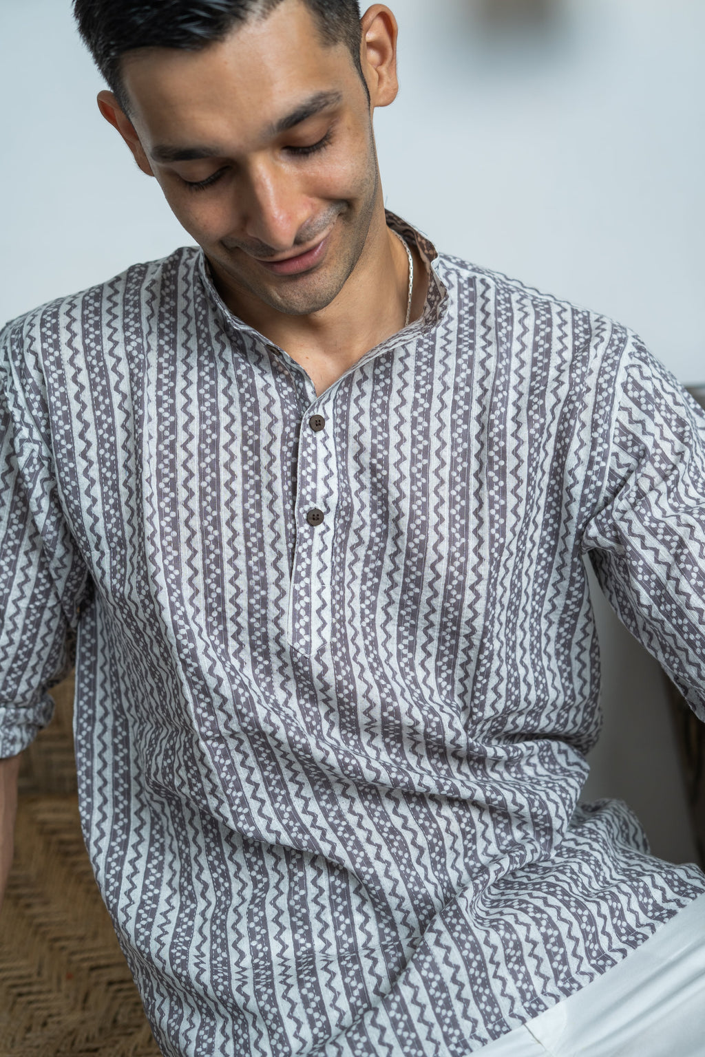The White Kantha Work Short Kurta With Striped Tribal Print