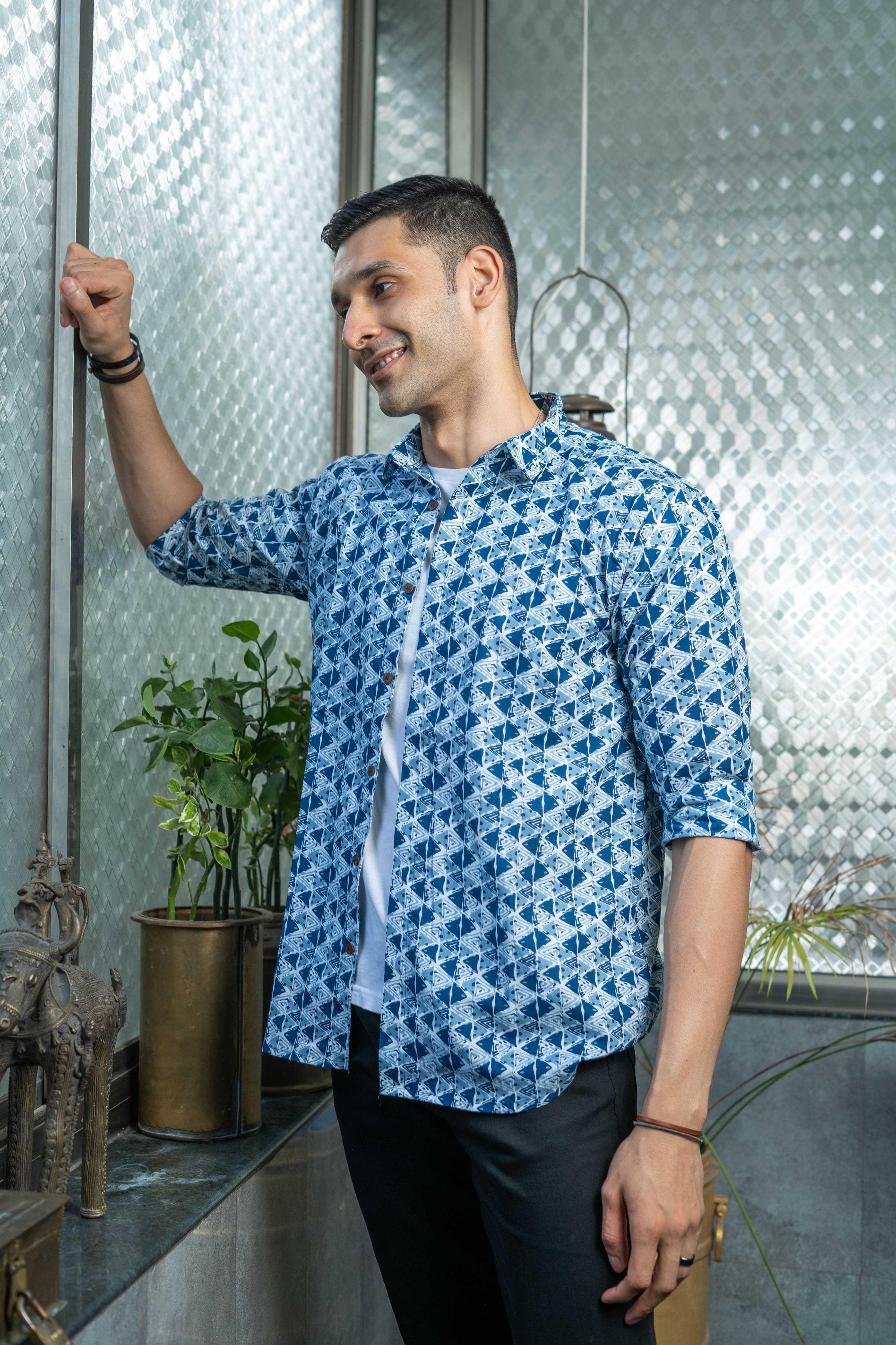The Indigo Blue And White Triangle Print Shirt