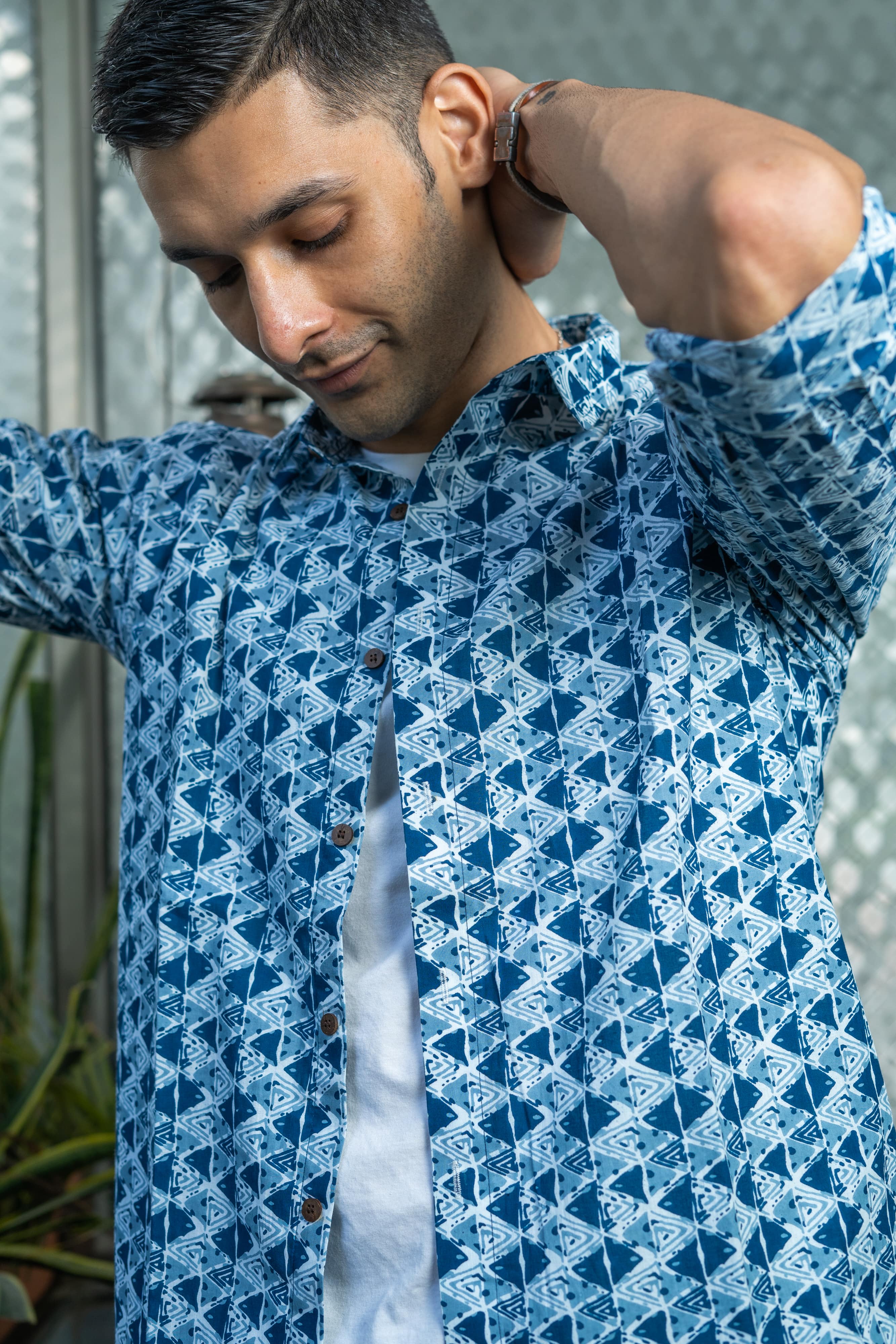 The Indigo Blue And White Triangle Print Shirt