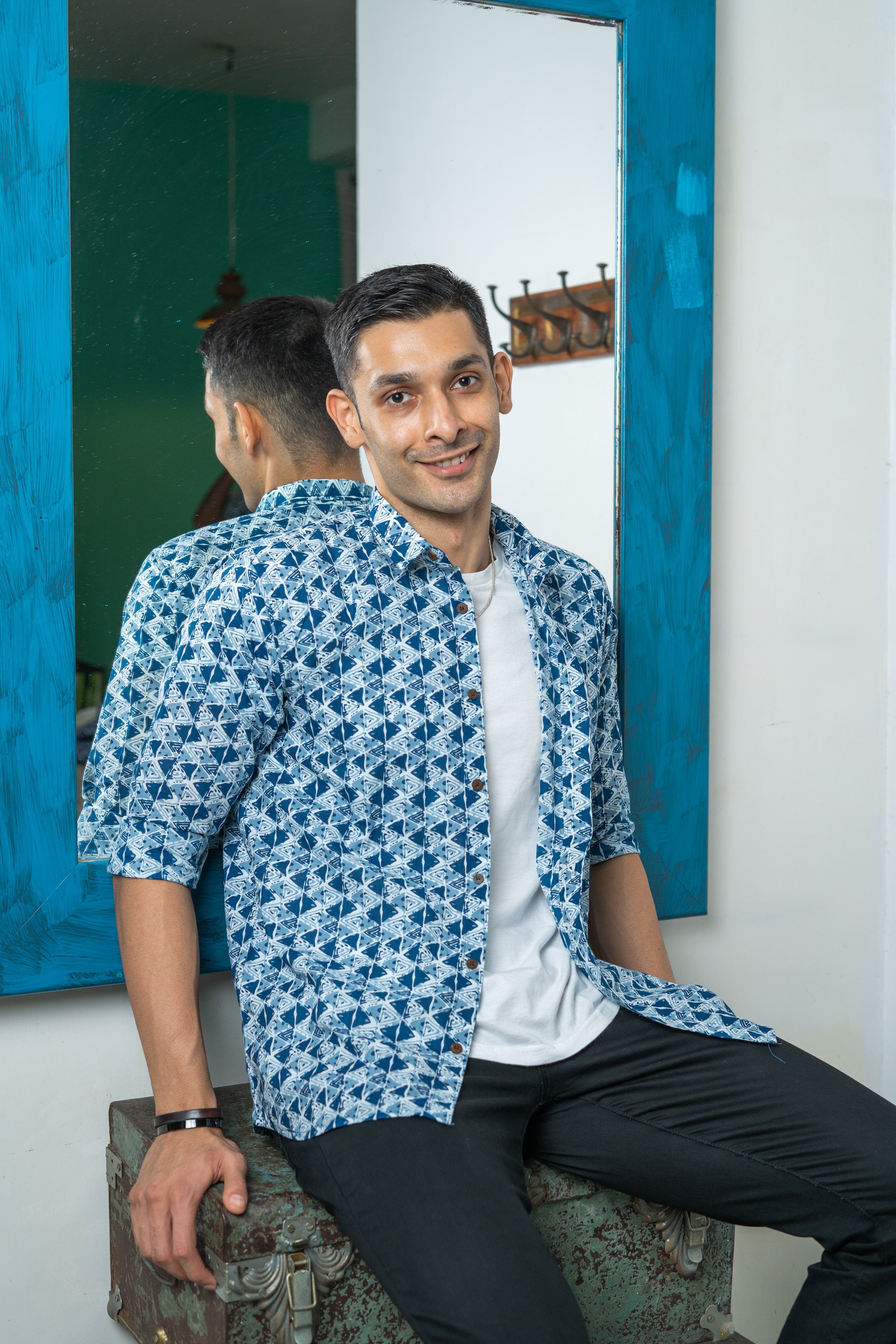 The Indigo Blue And White Triangle Print Shirt