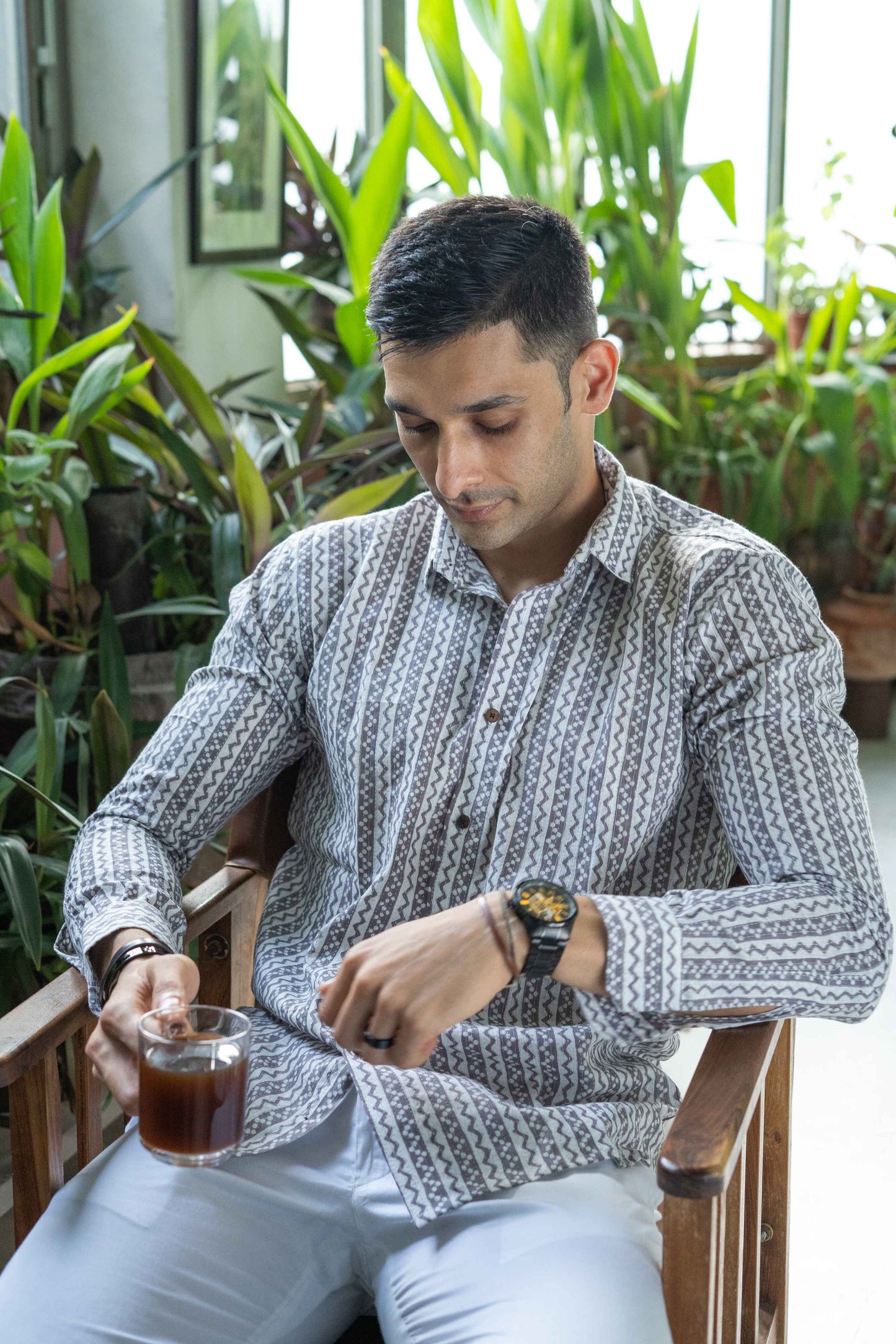 The White Kantha Work Shirt With Striped Tribal Print