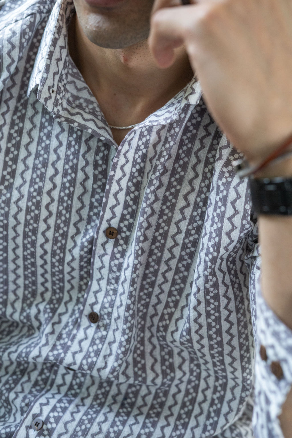 The White Kantha Work Shirt With Striped Tribal Print