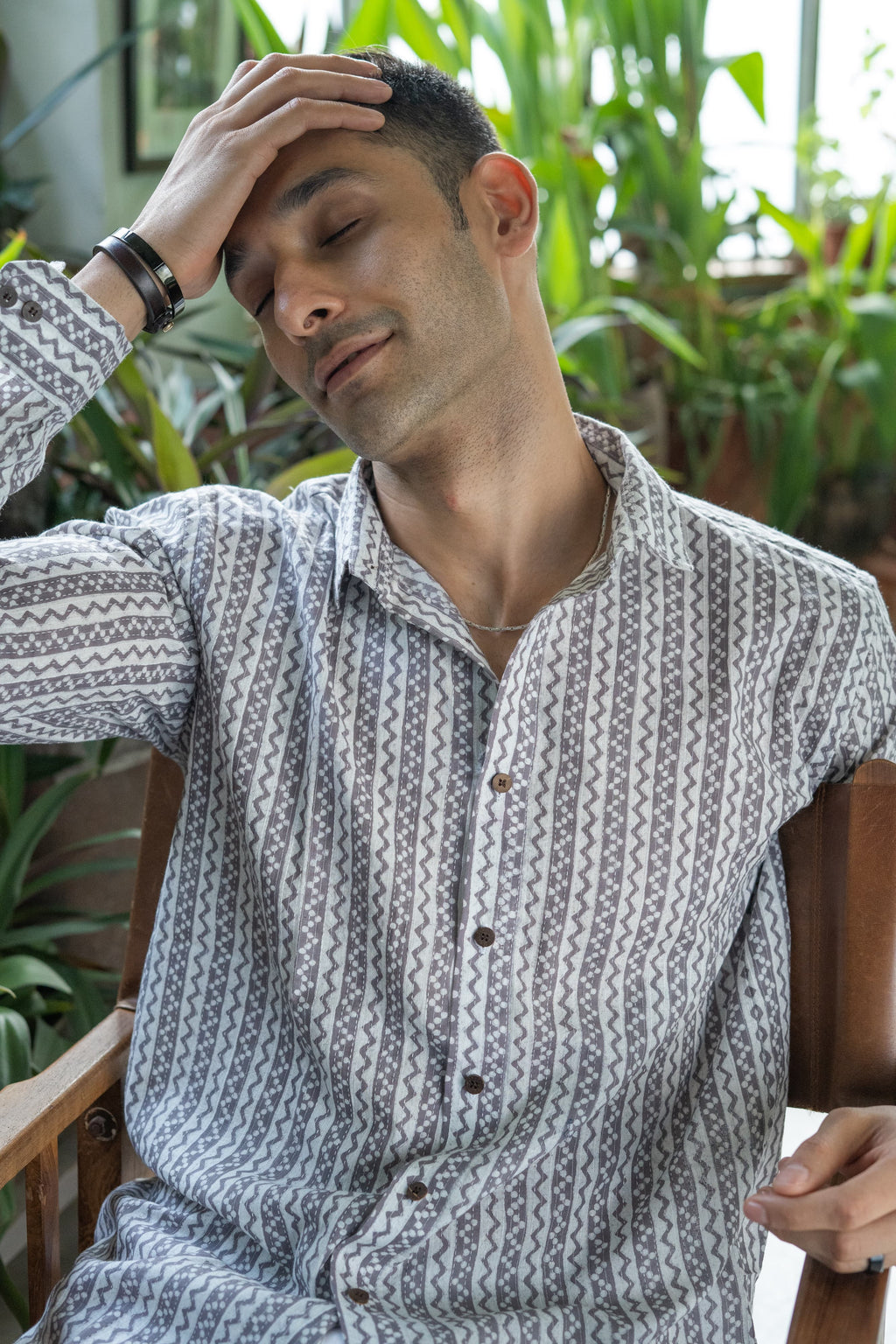 The White Kantha Work Shirt With Striped Tribal Print