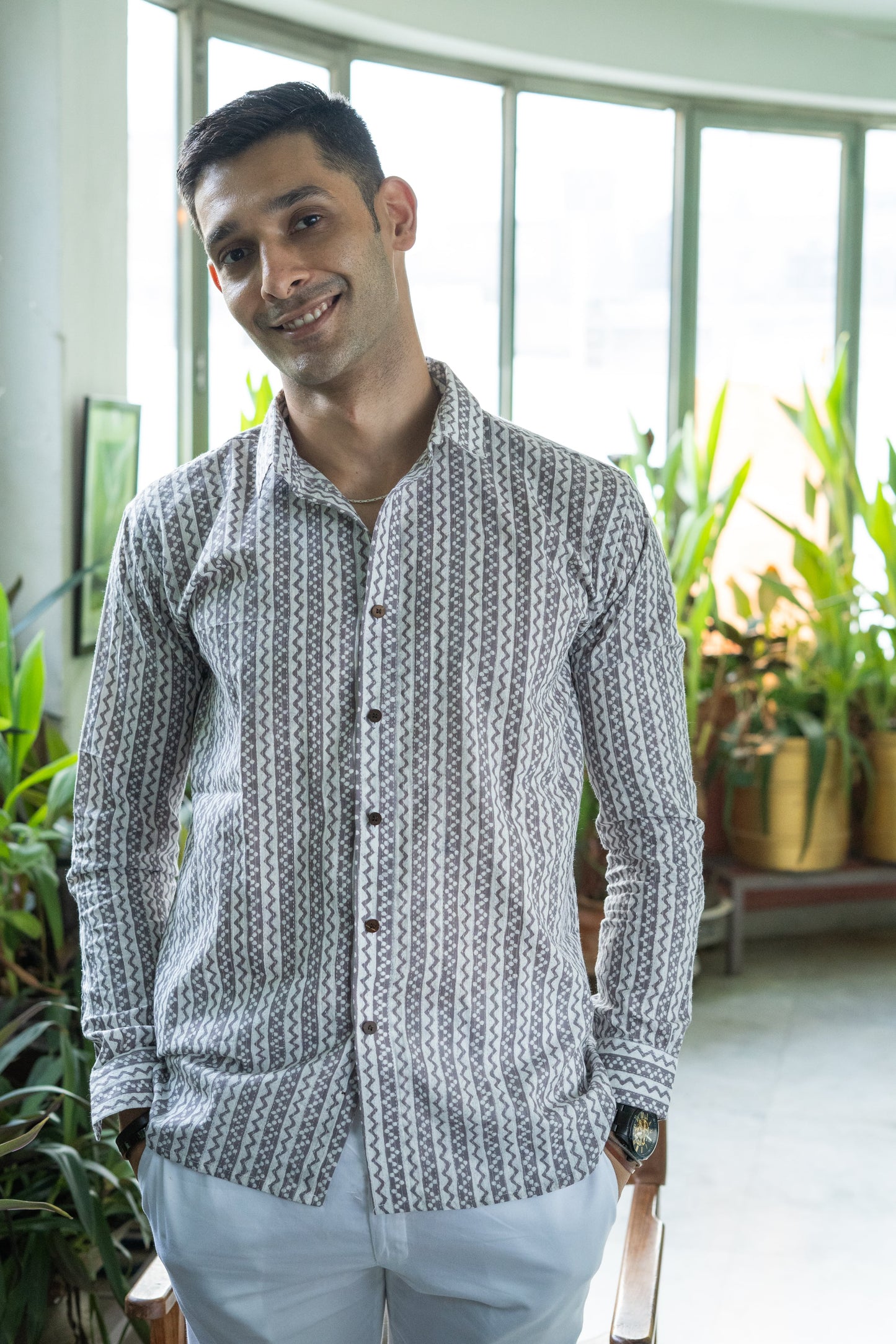 The White Kantha Work Shirt With Striped Tribal Print