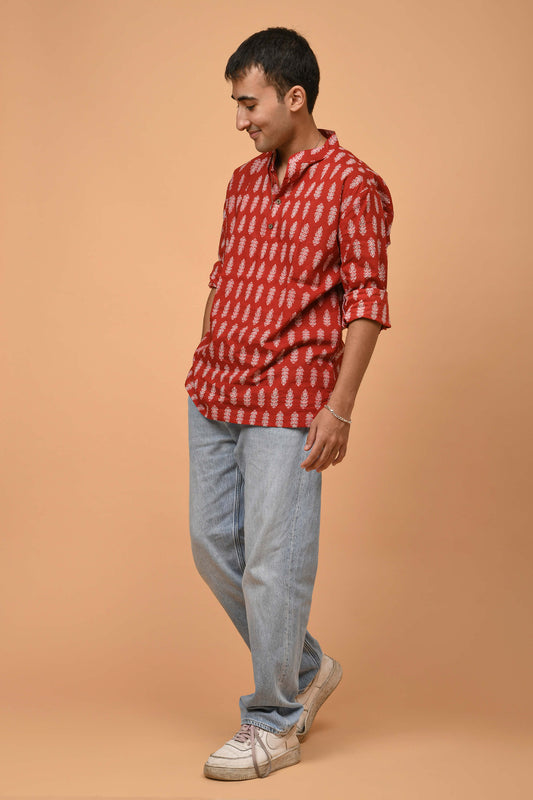 The Red Short Kurta With Floral Print