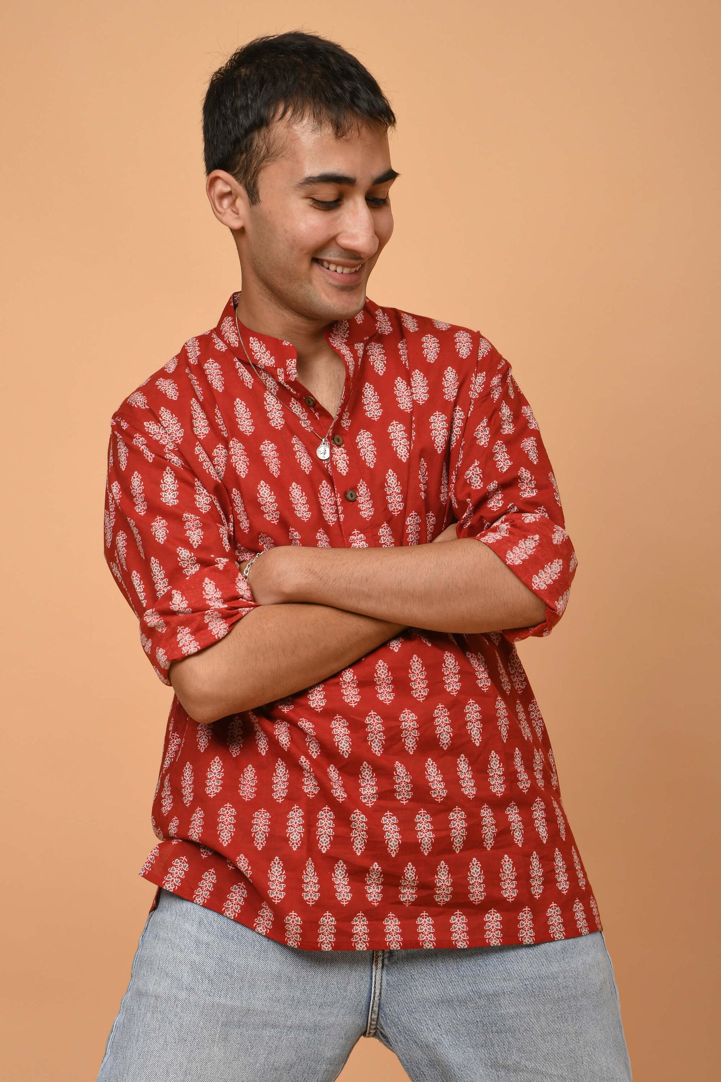 The Red Short Kurta With Floral Print