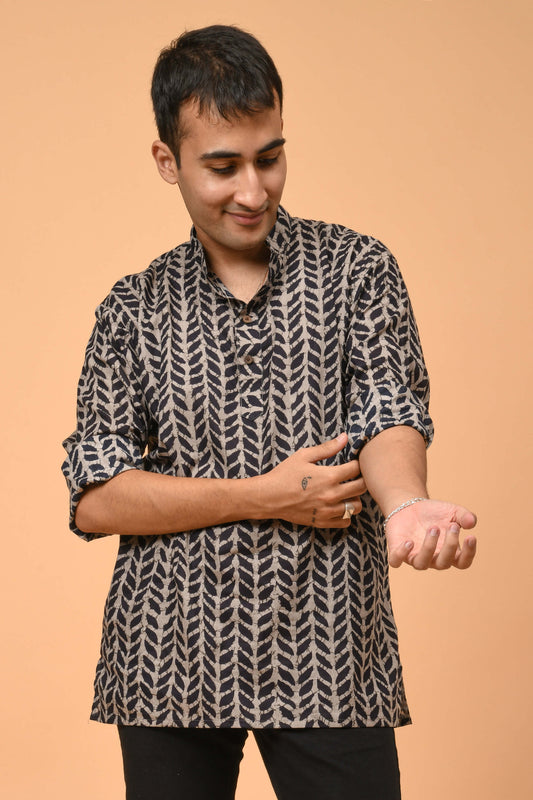The Black Petal Stripe Print Short Kurta