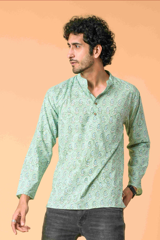 The Ocean Green Geometric-Paisley Print Short Kurta