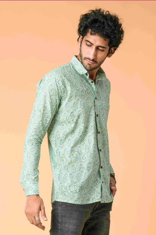 The Ocean Green Shirt With Geometric-Paisley Print