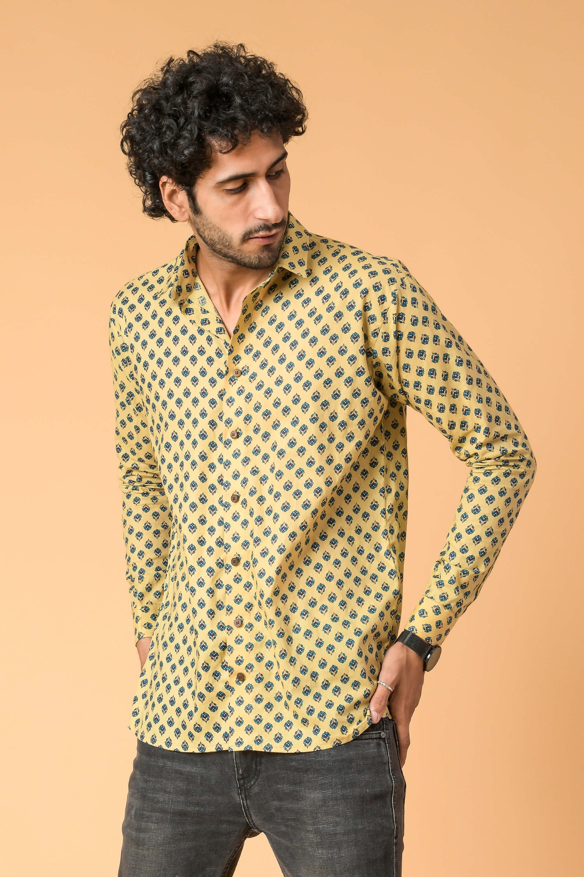 Indian Men in Beige Color Butti Printed Shirt. 
